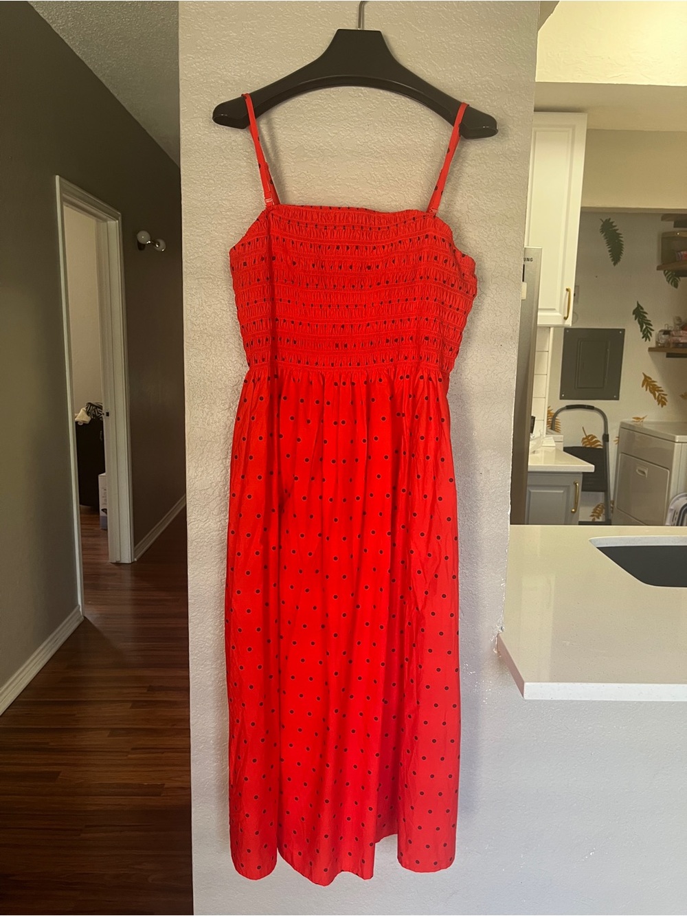 a new day Red Polka Dot Smocked Midi Dress